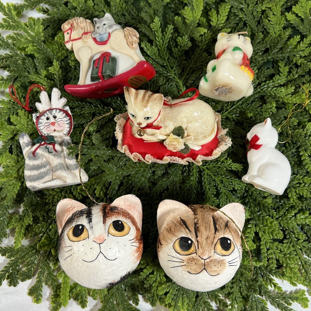 Vintage Cat Christmas Ornaments Lot of 7 Ceramic Folk Art Paper Mache + Candle